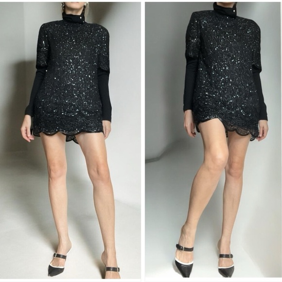 Vintage 80s Brilliante by J.A. Silk Beaded Shift Dress Black – Size 6 - Picture 2 of 14